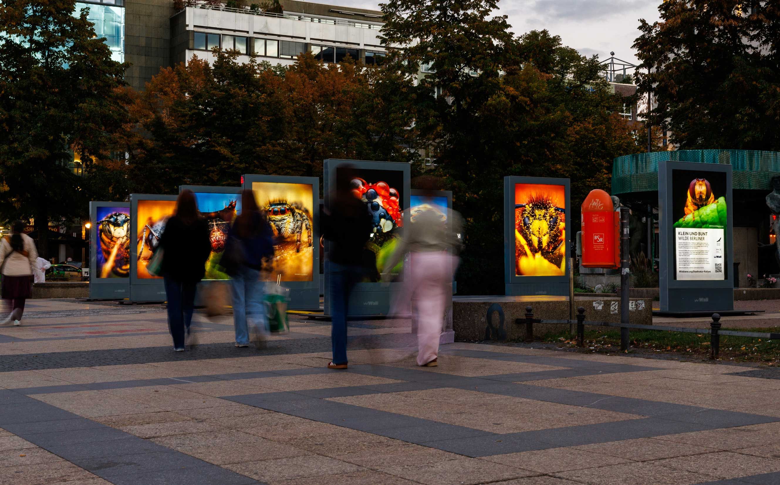 People walk past colorful illuminated art displays in an urban park.